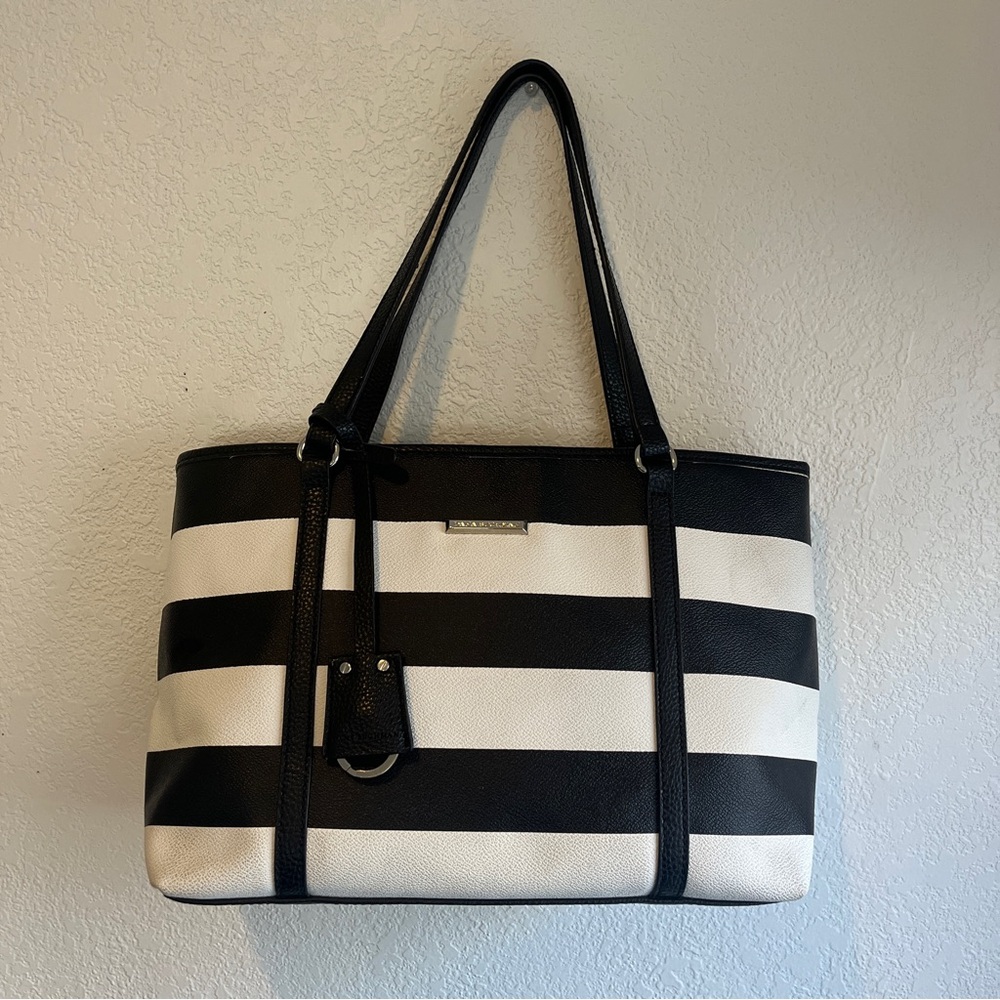 Dana Buchman Black and White Striped Handbag with large pockets & shoulder strap